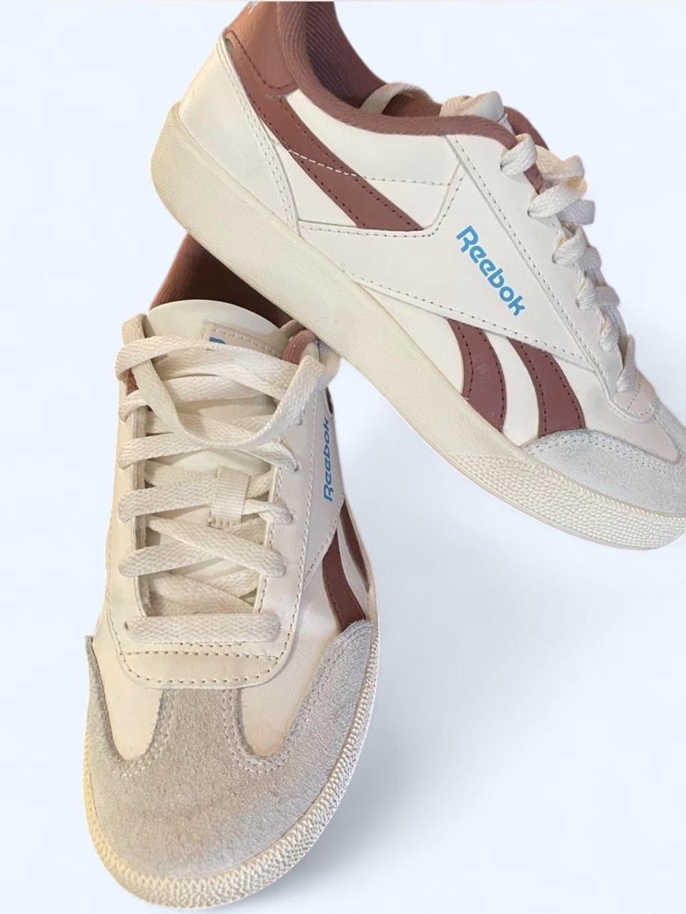Reebok White Sneakers with Brown Accent Stripes